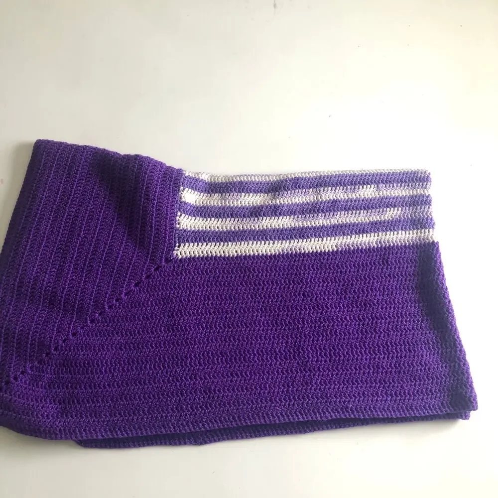 Handmade Crochet Afghan Throw Baby Blanket Purple White Soft VTG Style